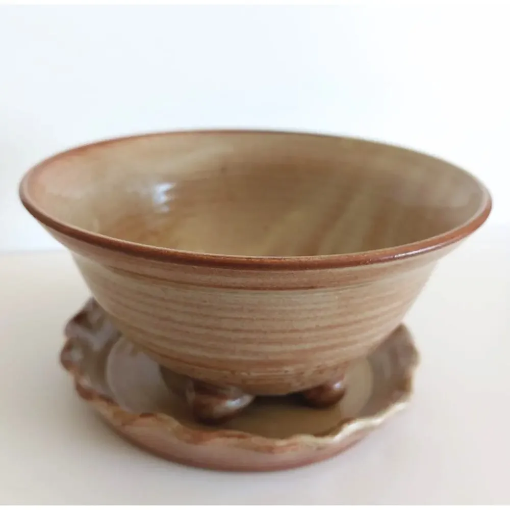 Handmade Ceramic Berry Bowl with Saucer Trinket Dish Signed Cottagecore Boho